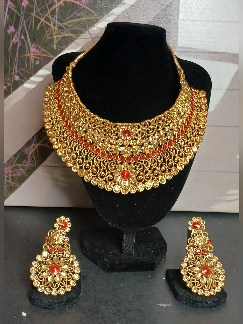 Gold-Tone Red Stone Bridal Necklace & Earrings Set
